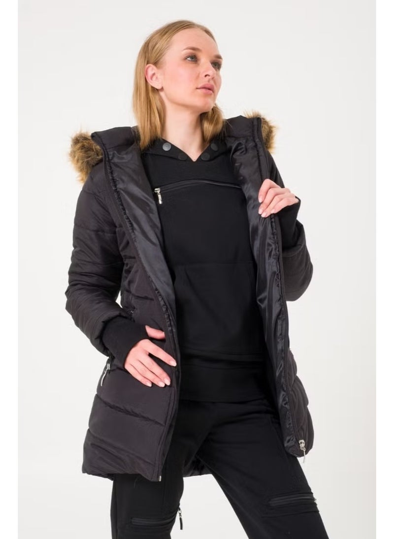 Barbora Winter Women's Puffer Coat with Gloves and Fur Hood V2BT121SIYAHH1 - Image 4